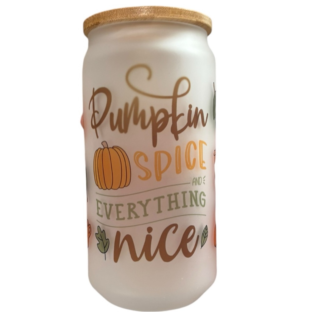 Pumpkin Spice Handcrafted 16 Oz Glass Can Tumbler with Straw and Bamboo Lid